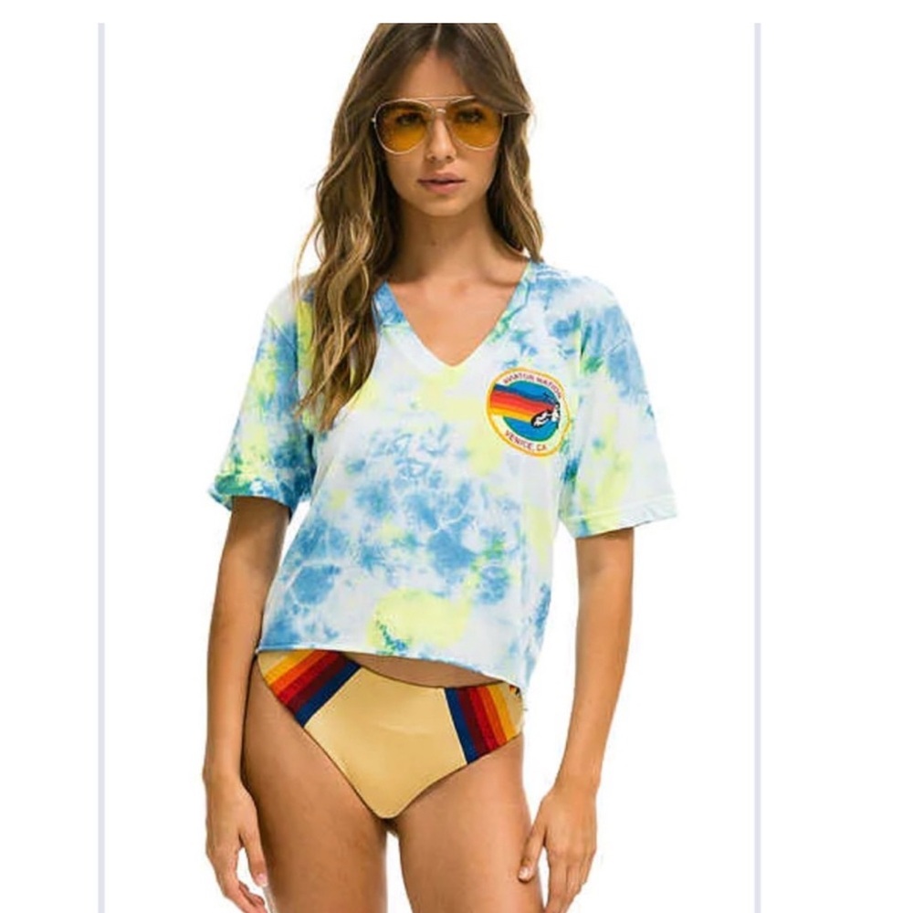 Aviator Nation Blue and Yellow Tie-Dye V-Neck
